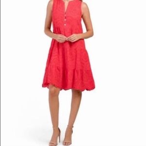 Sleeveless Button-Front Eyelet Midi Dress in Bright Red